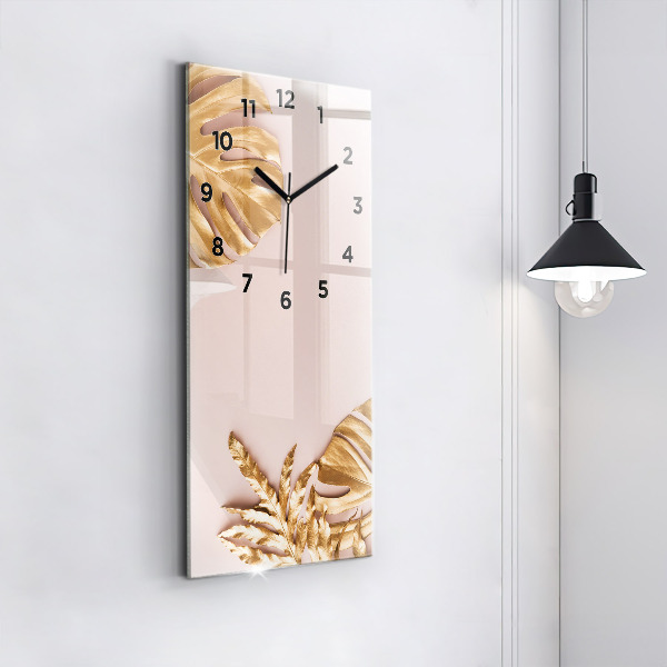 Modern vertical wall clock Golden tropical leaves