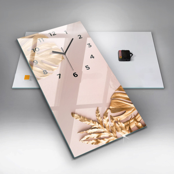 Modern vertical wall clock Golden tropical leaves