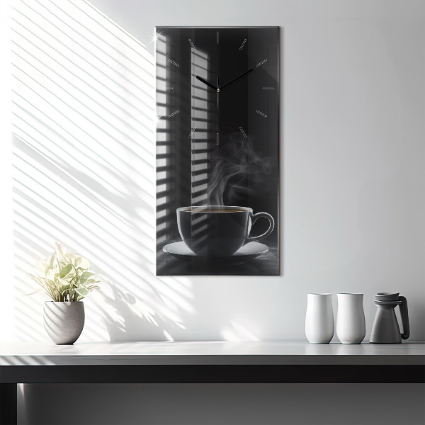 Modern vertical wall clock A cup of black coffee
