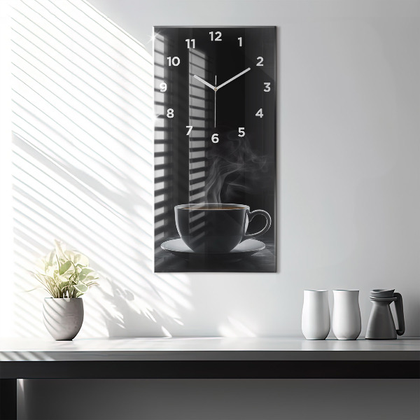 Modern vertical wall clock A cup of black coffee