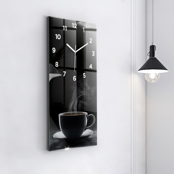 Modern vertical wall clock A cup of black coffee