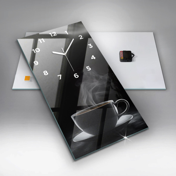 Modern vertical wall clock A cup of black coffee