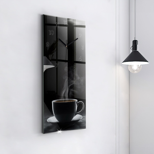 Modern vertical wall clock A cup of black coffee