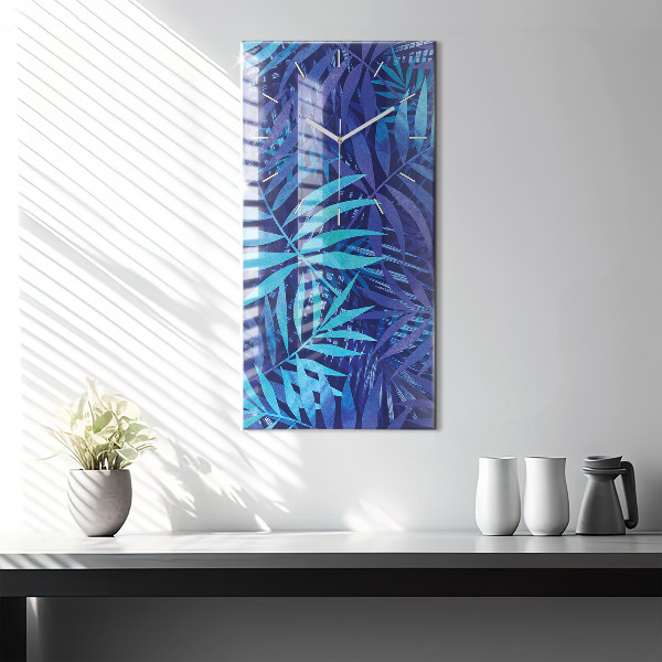 Modern vertical wall clock Blue leaves
