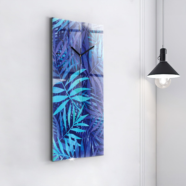 Modern vertical wall clock Blue leaves