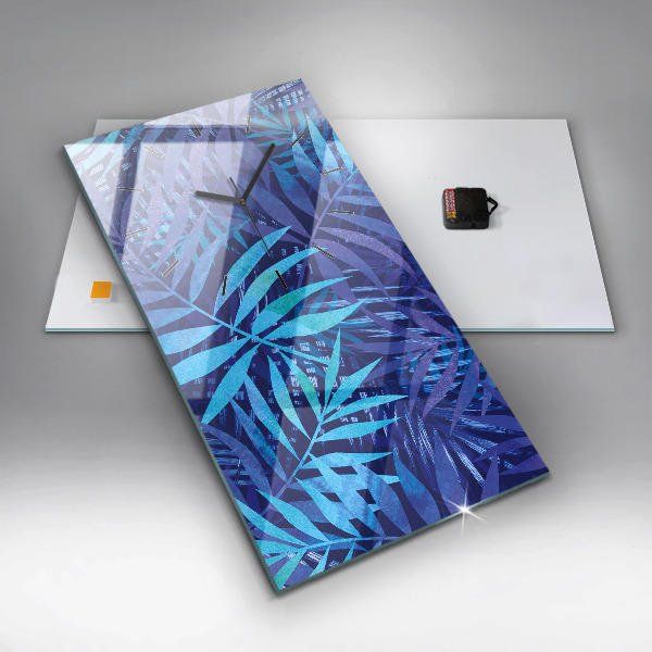 Modern vertical wall clock Blue leaves
