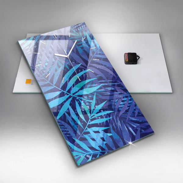 Modern vertical wall clock Blue leaves