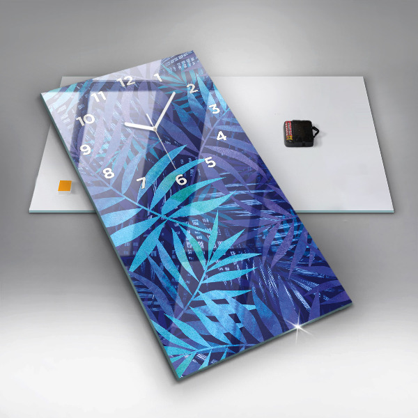 Modern vertical wall clock Blue leaves