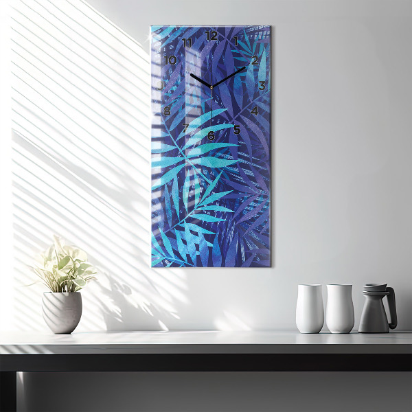 Modern vertical wall clock Blue leaves