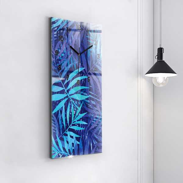 Modern vertical wall clock Blue leaves