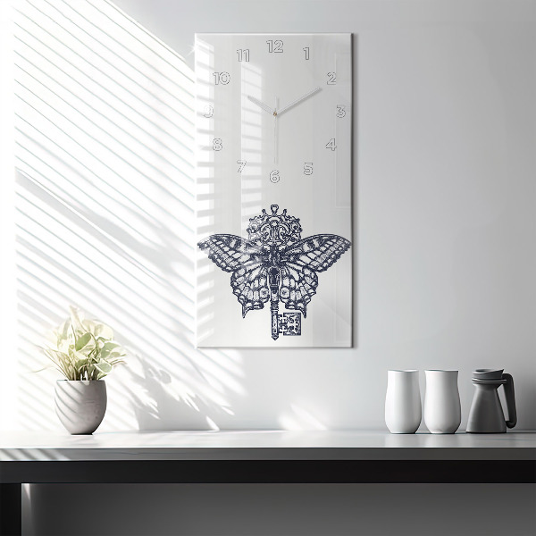 Modern vertical wall clock Butterfly and key - boho style