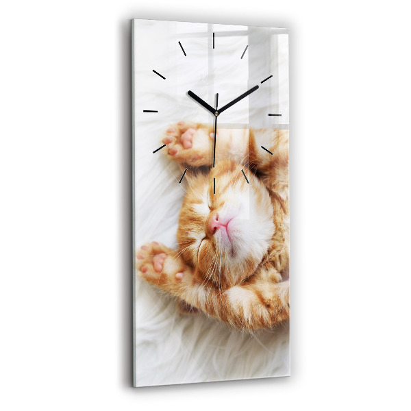 Modern vertical wall clock Sleeping little kitten