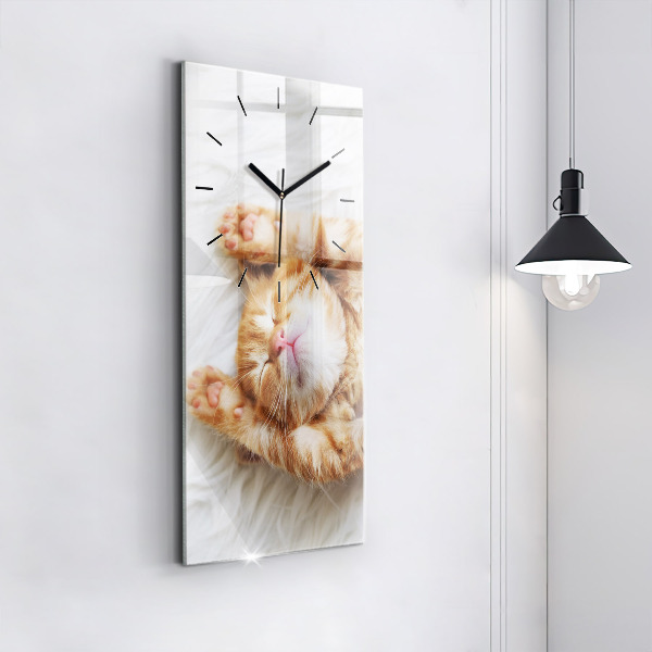 Modern vertical wall clock Sleeping little kitten