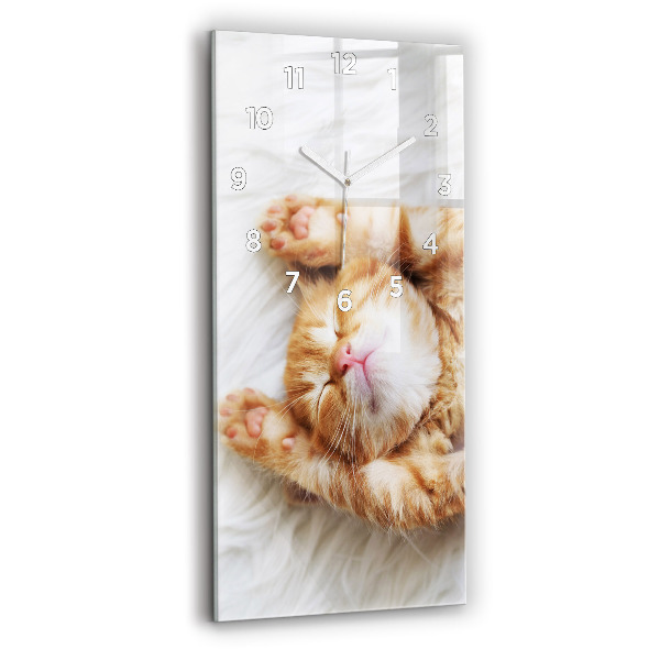 Modern vertical wall clock Sleeping little kitten