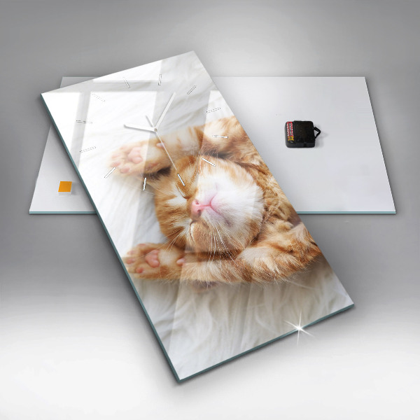 Modern vertical wall clock Sleeping little kitten