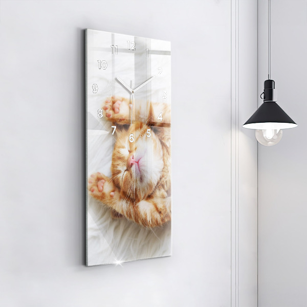 Modern vertical wall clock Sleeping little kitten