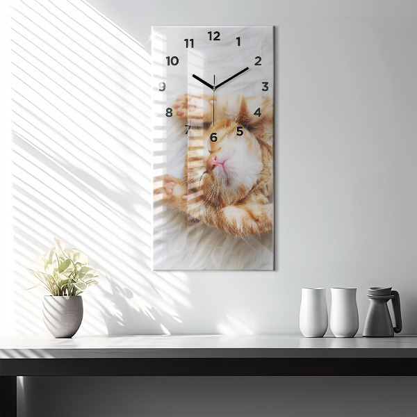 Modern vertical wall clock Sleeping little kitten