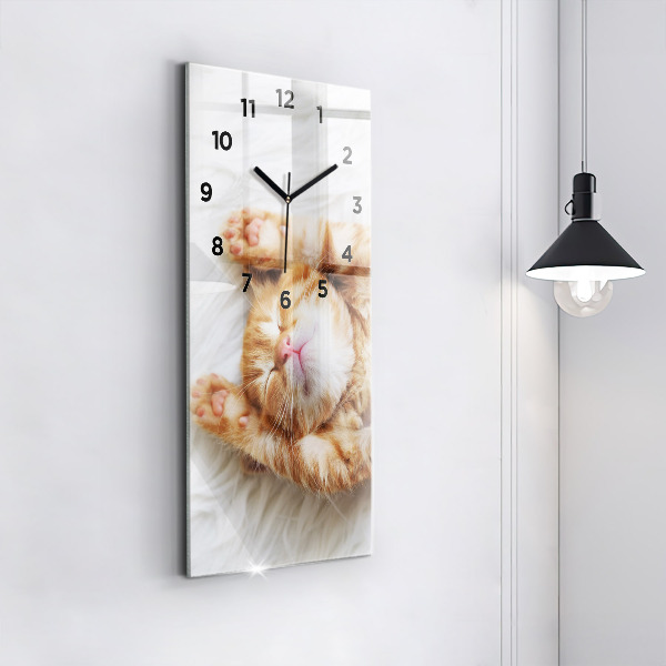 Modern vertical wall clock Sleeping little kitten