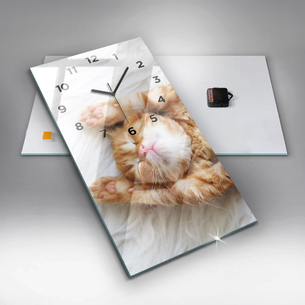 Modern vertical wall clock Sleeping little kitten