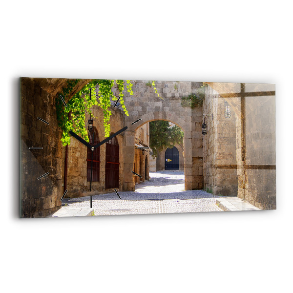 Glass wall clock rectangular Picturesque street of Rhodes