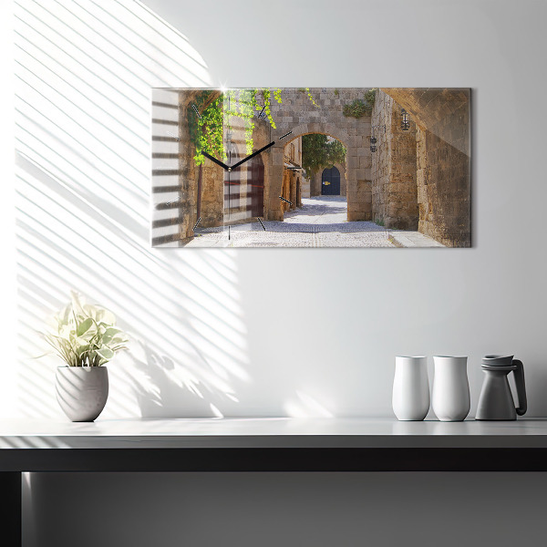 Glass wall clock rectangular Picturesque street of Rhodes