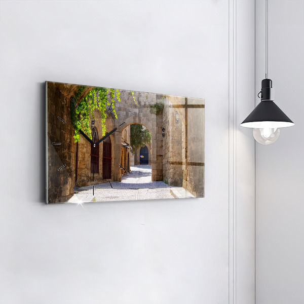 Glass wall clock rectangular Picturesque street of Rhodes