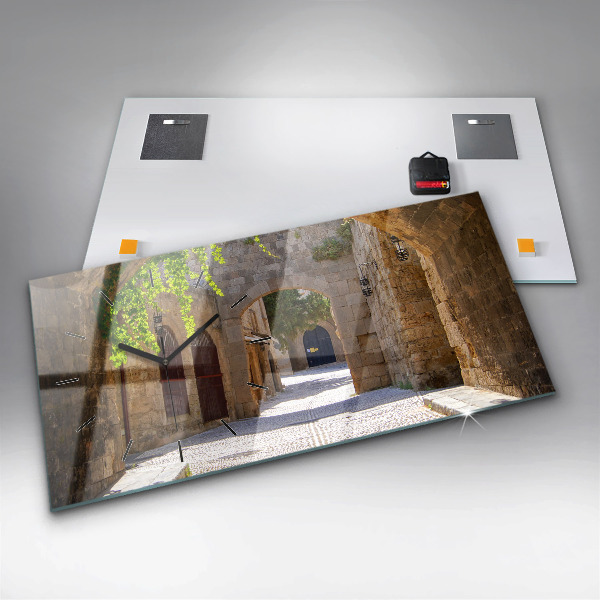 Glass wall clock rectangular Picturesque street of Rhodes