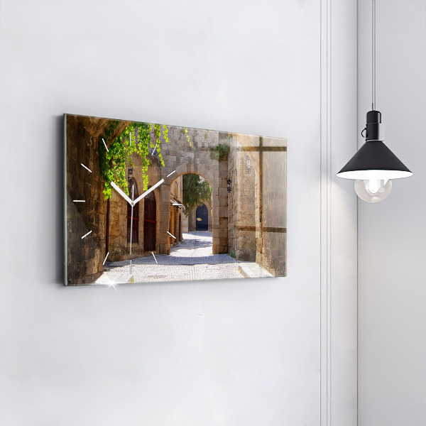 Glass wall clock rectangular Picturesque street of Rhodes