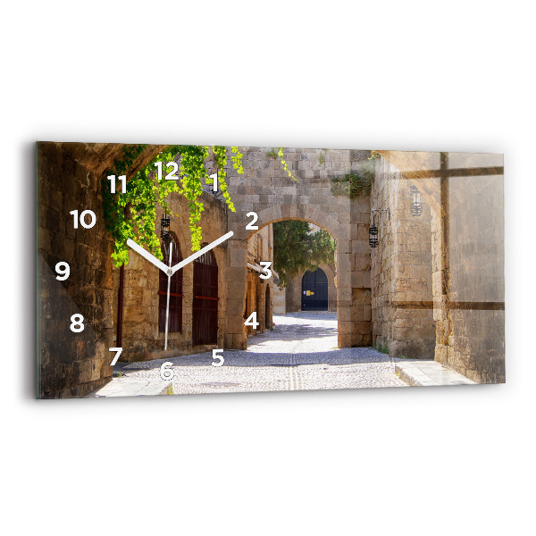 Glass wall clock rectangular Picturesque street of Rhodes