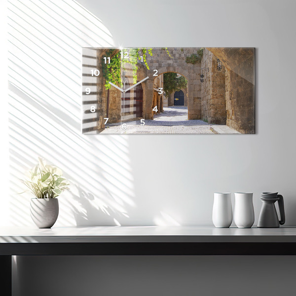 Glass wall clock rectangular Picturesque street of Rhodes