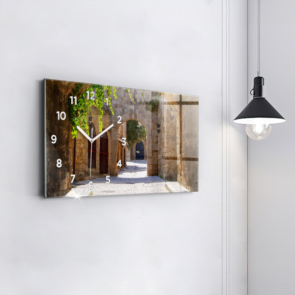 Glass wall clock rectangular Picturesque street of Rhodes