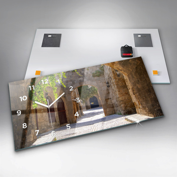 Glass wall clock rectangular Picturesque street of Rhodes