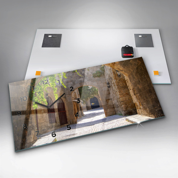 Glass wall clock rectangular Picturesque street of Rhodes