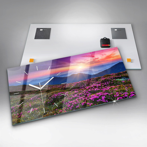 Glass wall clock rectangular Sunrise flowers