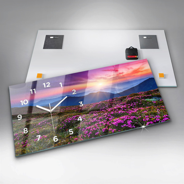 Glass wall clock rectangular Sunrise flowers