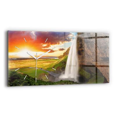 Glass wall clock rectangular Waterfall in Iceland