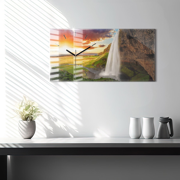 Glass wall clock rectangular Waterfall in Iceland