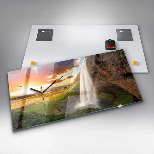 Glass wall clock rectangular Waterfall in Iceland