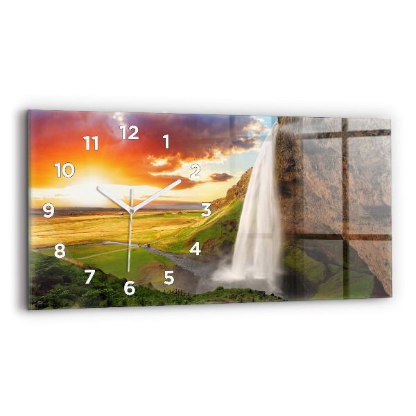 Glass wall clock rectangular Waterfall in Iceland