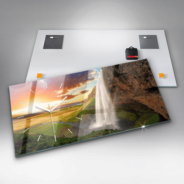 Glass wall clock rectangular Waterfall in Iceland