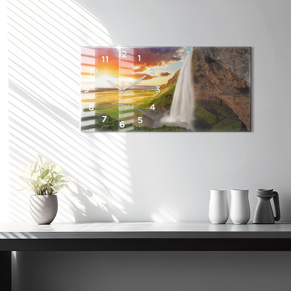 Glass wall clock rectangular Waterfall in Iceland