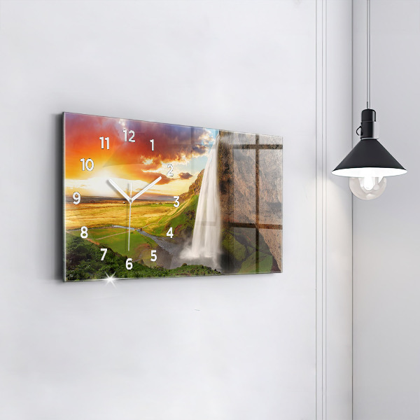 Glass wall clock rectangular Waterfall in Iceland
