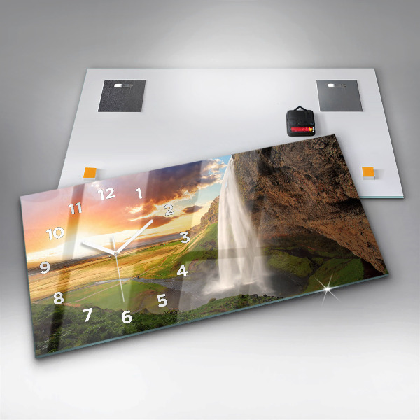 Glass wall clock rectangular Waterfall in Iceland