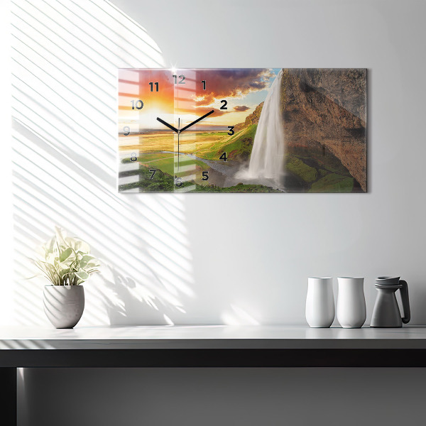 Glass wall clock rectangular Waterfall in Iceland
