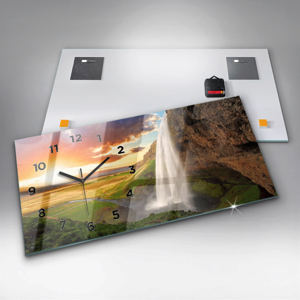 Glass wall clock rectangular Waterfall in Iceland