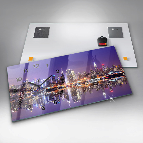 Glass wall clock rectangular New York at night