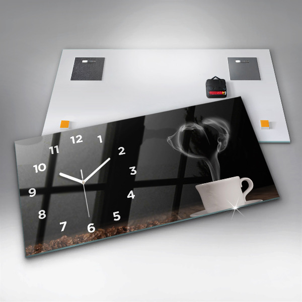 Glass wall clock rectangular A cup of hot coffee
