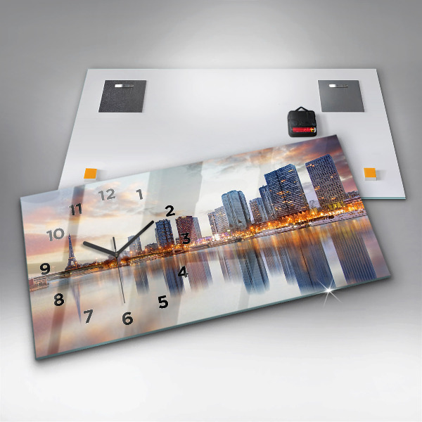 Glass wall clock rectangular Panorama with the Eiffel Tower