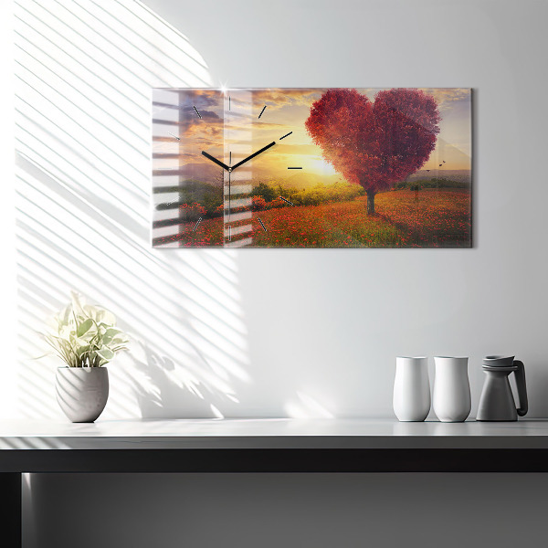 Glass wall clock rectangular Love Heart Tree