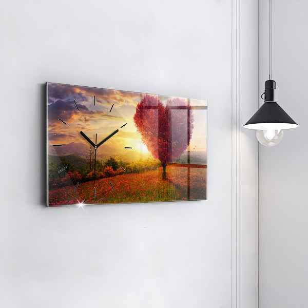 Glass wall clock rectangular Love Heart Tree